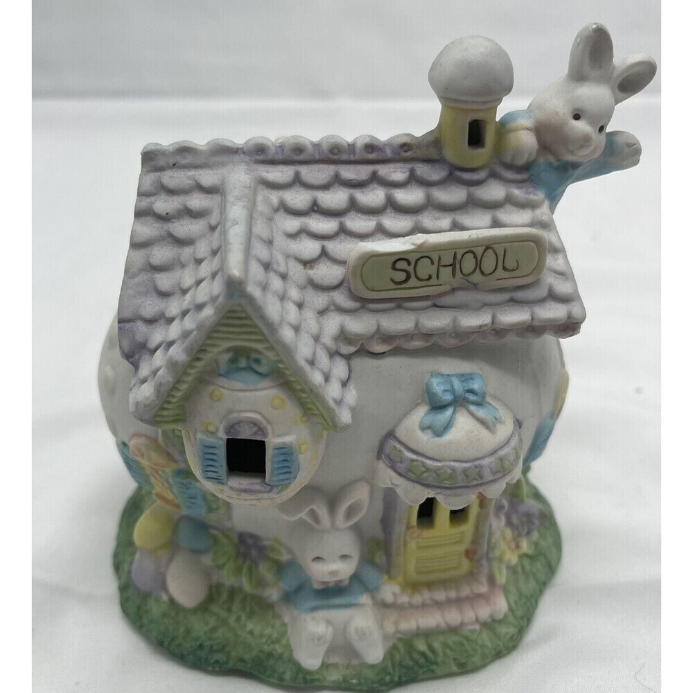 Vintage Easter Porcelain Bunny School House Hand Painted 1991